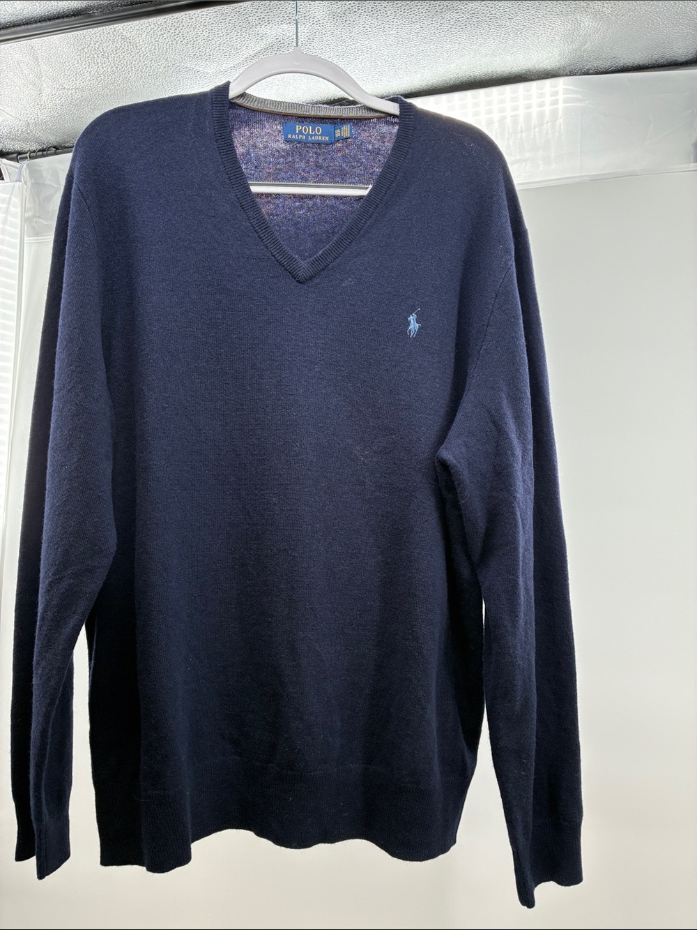 Polo by Ralph Lauren Men's Dark Navy V-Neck Sweater with Light Blue Pony
